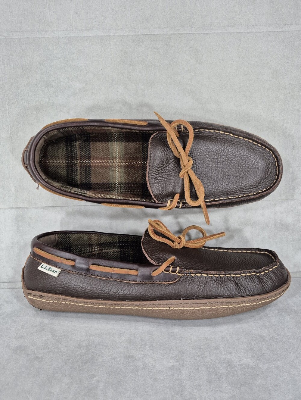 LL Bean Handsewn Slippers men's 10 brown leather flannel lined waterproof soles